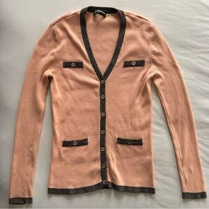Karl Lagerfeld Paris Pink Ribbed Cardigan Gray Trim Logo Buttons Sz S